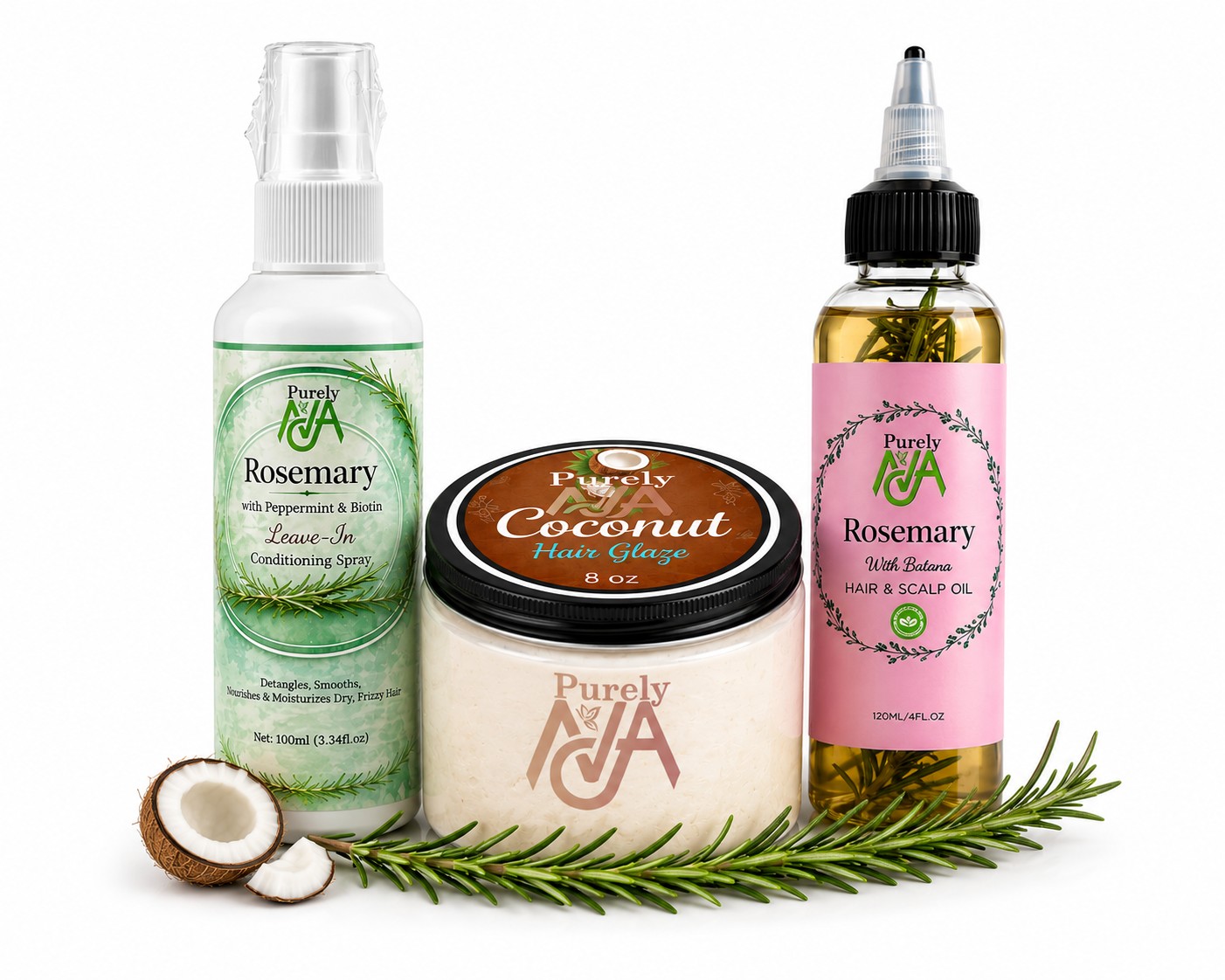 The Sleeping Beauty Supersized Bundle - Purely Ava 4oz Hair & Scalp Oil, 8oz Coconut Hair Glaze, and Rosemary Leave-In Conditioning Spray