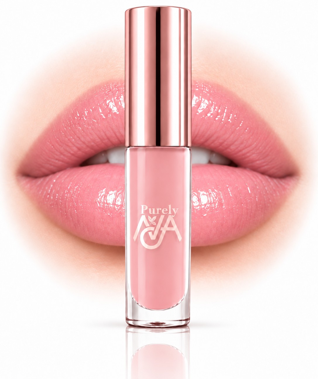Purely Ava Luminous Lip Gloss, Pretty in Pink, shown on lips