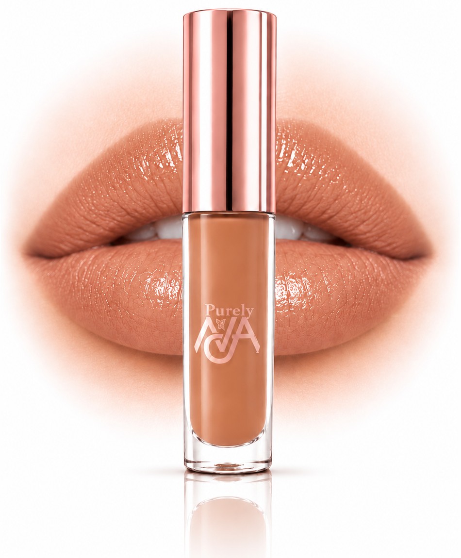 Purely Ava Luminous Lip Gloss, Stardust Sand, shown on lips